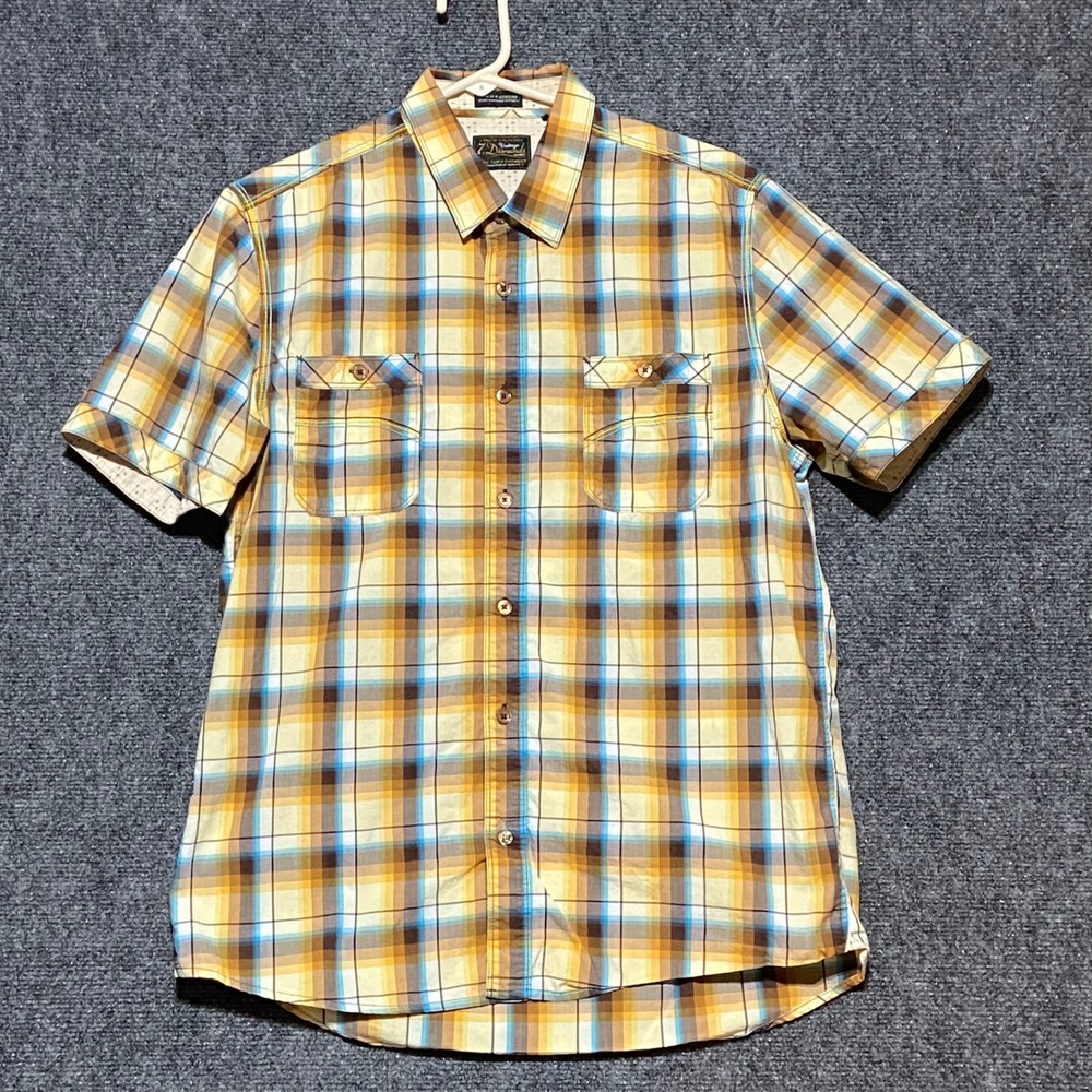 7 Diamonds Vintage Mens Large Plaid Short Sleeve Button Down Shirt Yellow Blue